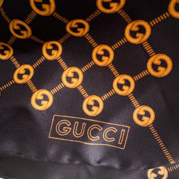 Gucci Navy Blue Gold All Over Print Silk Hand Rolled Scarf - Picture 6 of 7